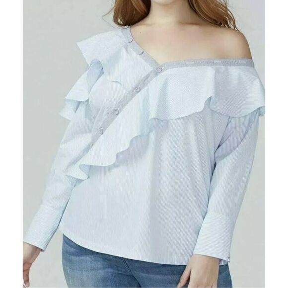NEW WITH TAGS Beautiful Lane Bryant Ruffle Sleeve Cold Shoulder Blouse  Striped - Picture 2 of 9